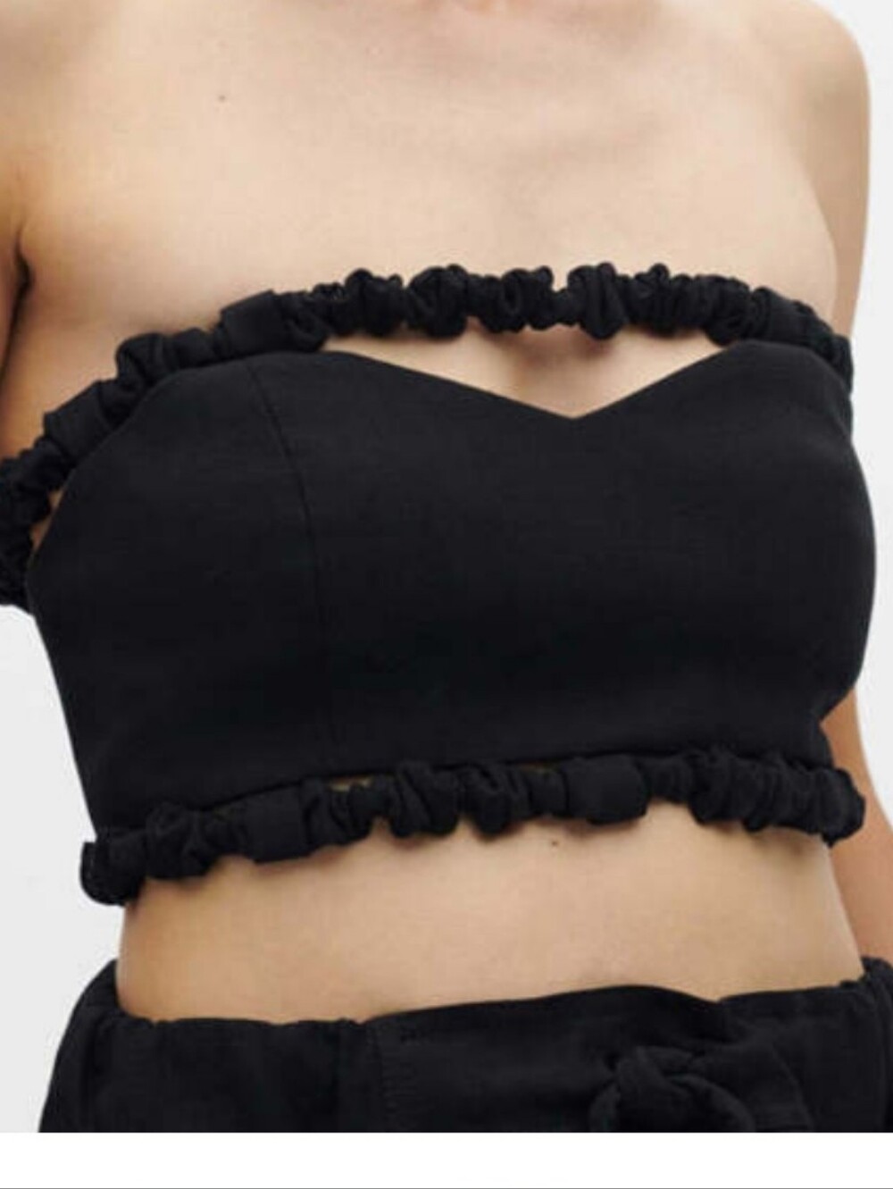 Ganni Black Strapless Ruffle-Trim Crop Top Suze 32/0